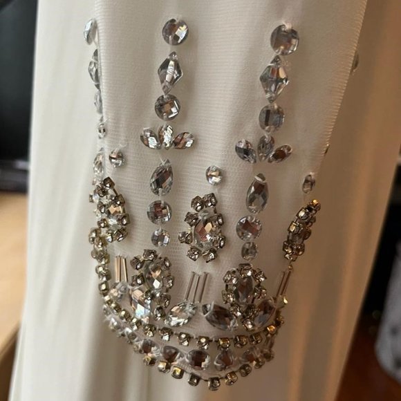 Ieena for Mac Duggal Long Beaded Sleeve Asymmetrical One Shoulder Midi Dress - Picture 7 of 11